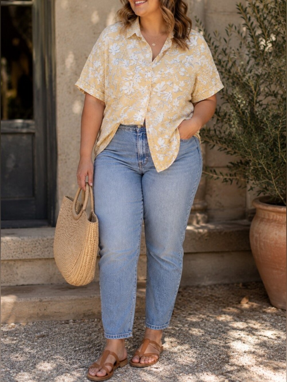 UNIQLO Yellow Floral Linen Cotton Button-Up Shirt Women’s Cottagecore Blouse